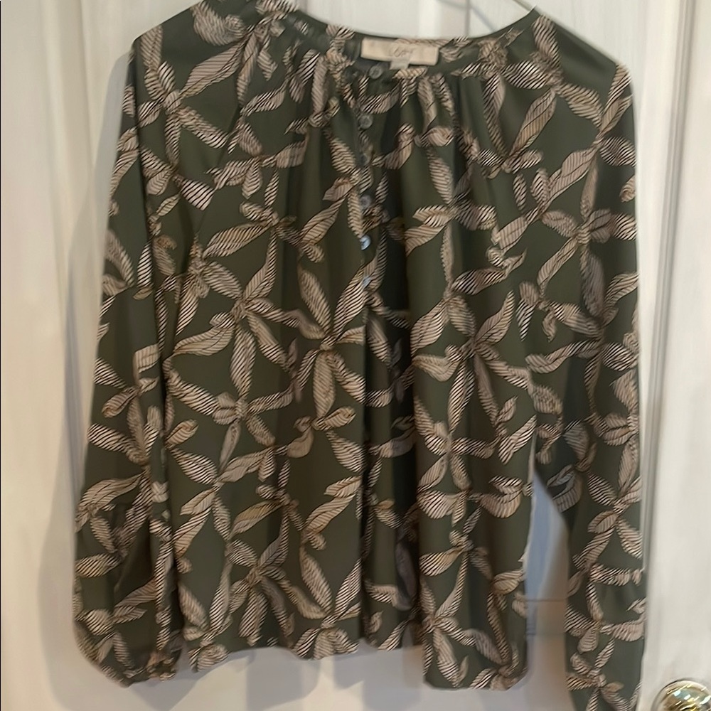 LOFT Green and Brown Relaxed Graphic Blouse